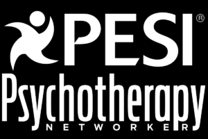 PESI logo with the stylized image of a star that resembles a person in motion over the Psychotherapy Networker logo on a black background