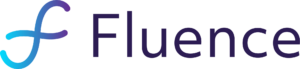 stylized curvy f in teal and fading to blue on the right edge next to the logo name Fluence