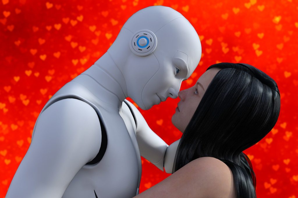 A robot leans in toward a woman's face for a kiss