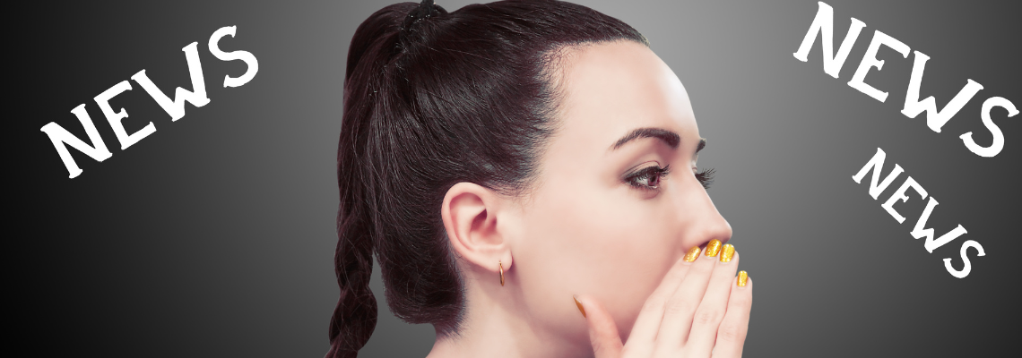 Woman with black hair held back in a pony tail presented in profile, just her face, with her hand held up to her mouth like she is whispering something. She is against a grey background. News floats in 3 places in the picture.